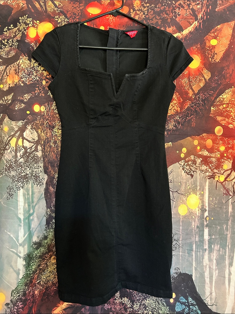 Guess Black Square-Neck Short-Sleeve Black Denim Dress